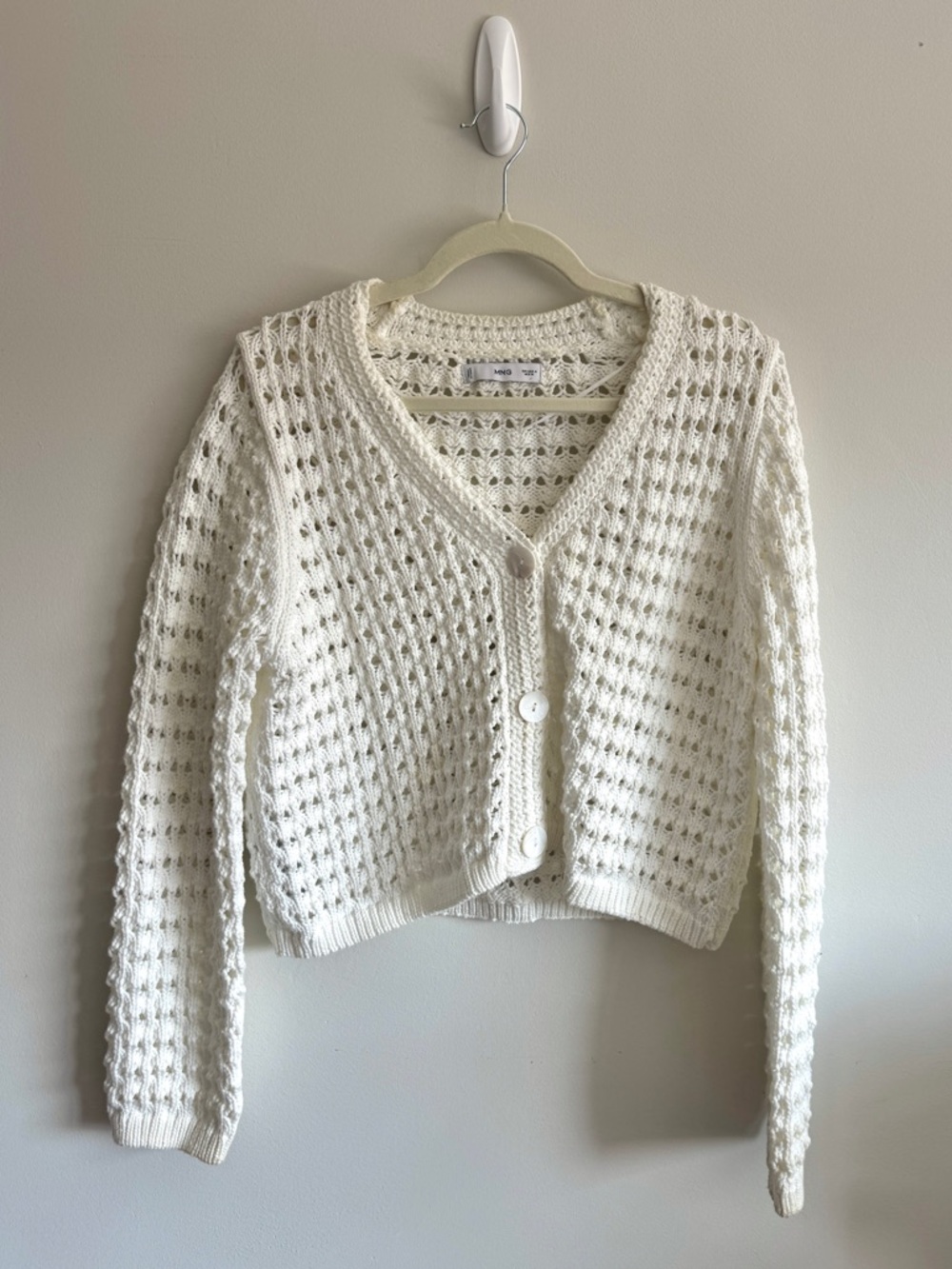 MANGO White Open-Knit V-Neck Button Cardigan